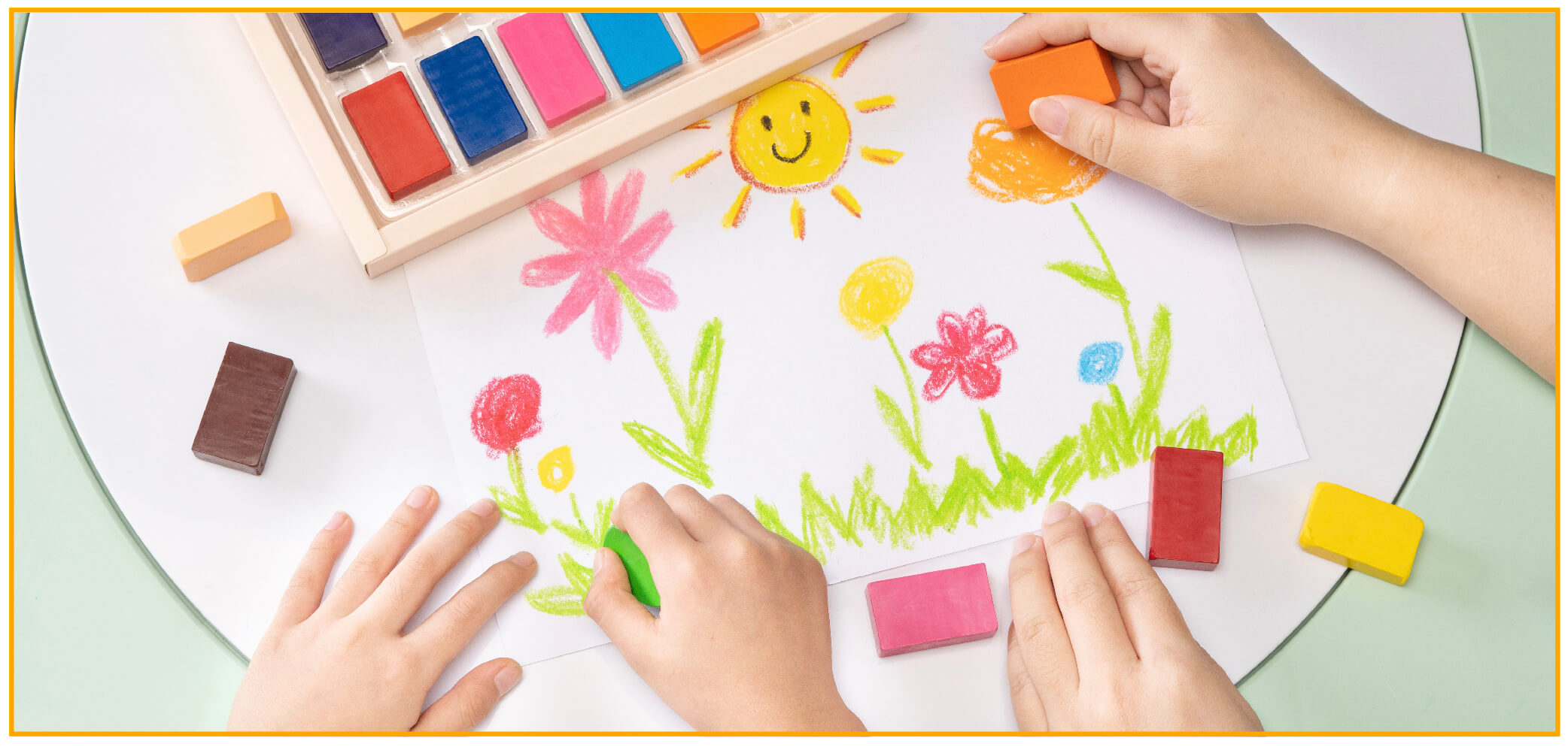 children drawing flowers using beeswax crayon